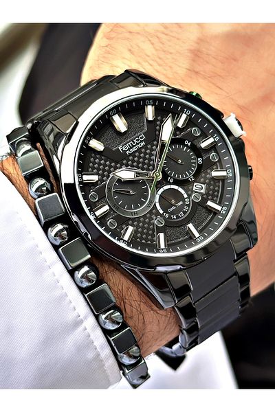 Ferrucci Men's Wristwatch - Black, Steel Cord, Bracelet Gift, Functions Active