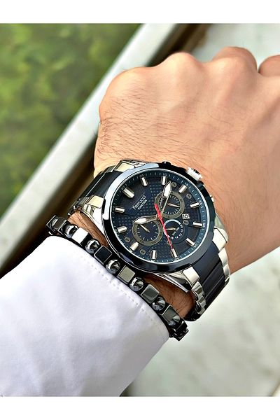 Ferrucci men's Wristwatch - Navy Blue, Silver Color, Functional, OriGinal Steel Cord + Bracelet Gift