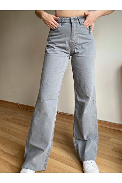 Kadın Yüksek Bel Gri Bol Paça Jeans Pantolon
