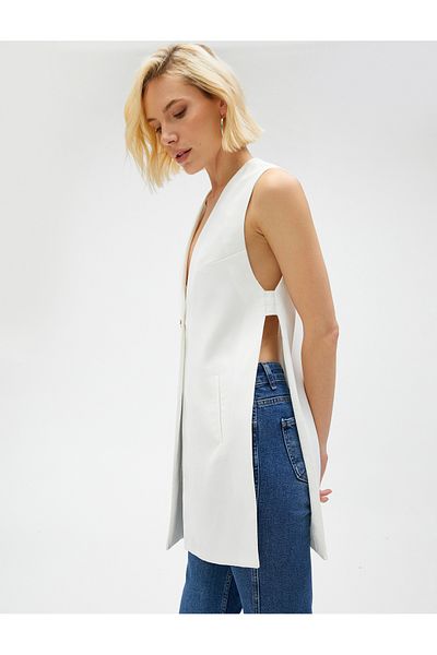 Koton Midi Length Vest with Slit Detail, Single Button
