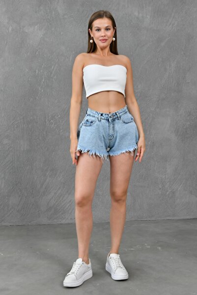 bayansepeti Lycra volný střih s vysokým pasem a setrvačníkem – světle modré džínové džínové šortky 70355
