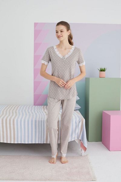 tusem butik homewear Дамски пижамен комплект с V-образно деколте и дантела - летен комплект с къс ръкав