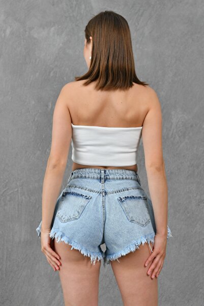 WOMAN VISION High Waist Lycra Free Light Blue Denim Shorts - Flywheel Detail, Wide Cut 70355