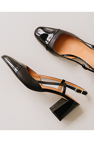 TrendyAnka Black Patent Leather 6 Cm Thick Heeled - Open Back Blunt Square Toe Classic Lady Shoes