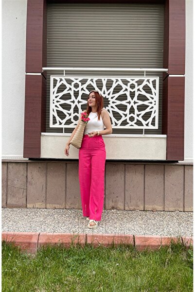 Çiğdem Sonkur Butik Yüksek Bel Keten Pantolon Pembe