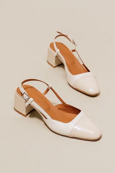 TrendyAnka Lady Patent Leather White Ecru - 6 Cm Thick Heeled, Open Back Blunt Square Toe Classic Heeled Shoes
