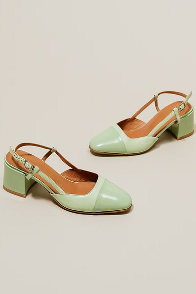 TrendyAnka Water Green Patent Leather 6 Cm - Thick Heeled and Open Back Blunt Square Toe Classic Heeled Shoes