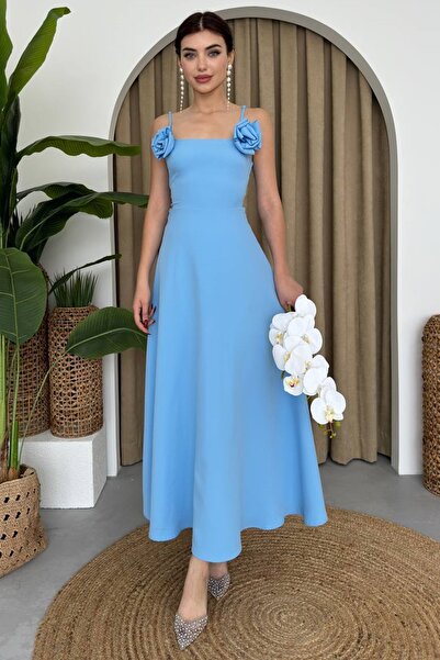 lovebox Dětské modré společenské šaty s maxi popruhy – límec bez ramínek, růžový doplněk, Atlas Fabric 258