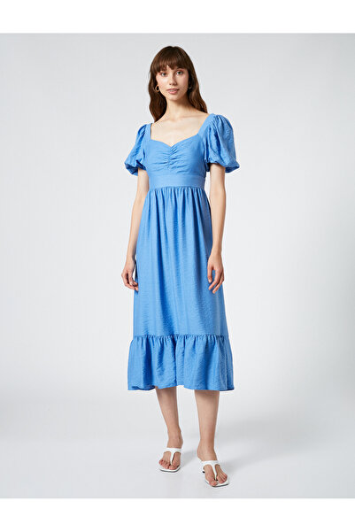 Koton Krátké viskózové šaty s balónkovým rukávem Sweetheart výstřih