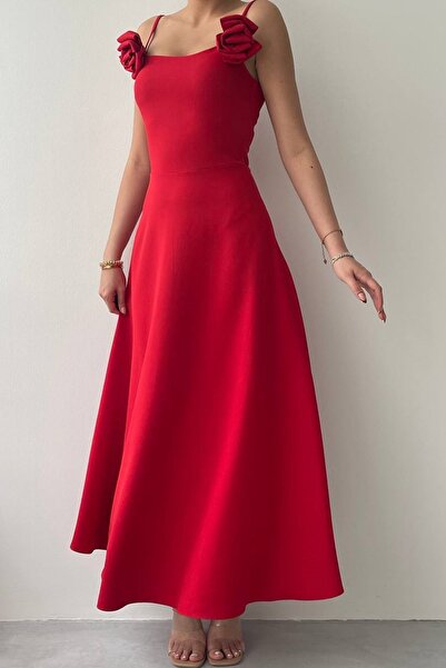 bayansepeti Pánt nélküli piros maxi ruha - Rose részletes atlaszpántos 258-as modell