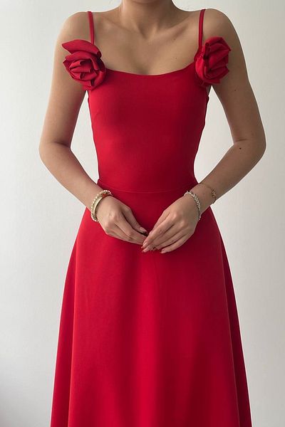 bayansepeti Pánt nélküli piros maxi ruha - Rose részletes atlaszpántos 258-as modell