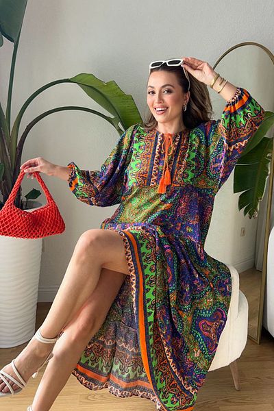 AYASOFYA OTANTIK Orange Blue Ethnic Patterned - Placket Collar Balloon Sleeve Long Women's Dress