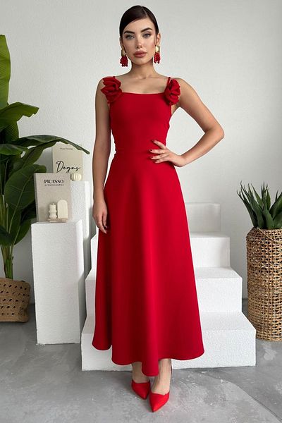 lovebox Červené maxi večerní šaty bez ramínek s růžovými doplňky a designovými šaty na ramínka 258