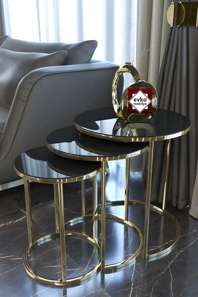 EVKO MOBİLYA 3'lü Zigon Sehpa Gold Kırılmaz Temperli Camlı, Servis Sehpası, S...