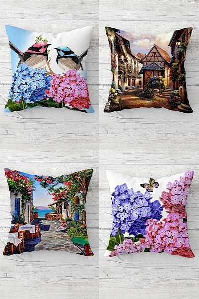 on the clouds Birds And Hydrangeas Sea Landscape Hidden Zippered Throw Pillow Cover Seat Pillow Cover Set(4pcs)