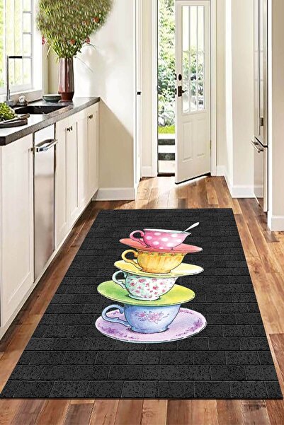 Viva Home Siyah Fincan Kaymaz Taban  Mutfak Halısı Ar209