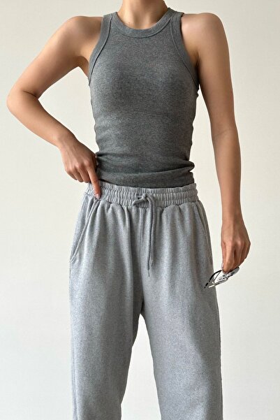 LOOSH Kadın Gri Halter Yaka Vücudu Saran Pamuklu Basic Atlet