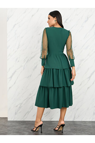 Take Two By Styli Dobby Sheer Sleeves Ruffle Layer Tiered Midi Dress