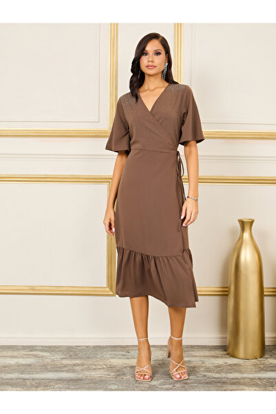 Styli Embellished Ruffle Hem A-Line Wrap Midi Dress