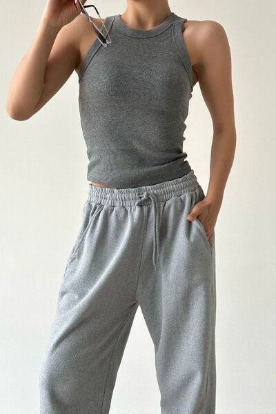 LOOSH Kadın Gri Halter Yaka Vücudu Saran Pamuklu Basic Atlet