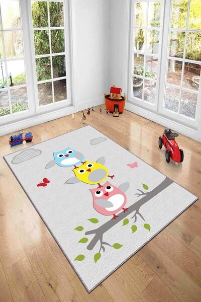 NeluxHome Makinede Yıkanabilir Kaymaz Tabanlı Baykuşlu Çocuk Halısı Kd036