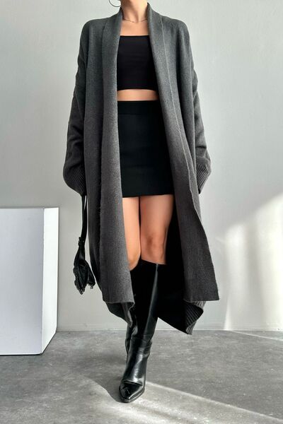 LOOSH Kadın Gri Şal Yaka Uzun Triko Hırka