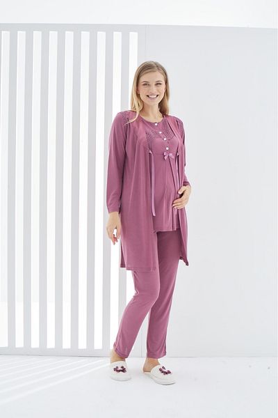 ERDENİZ TEKSTİL Cotton 3-Piece Maternity (Pregnant) Pajamas and Dressing Gown Set - Button Collar