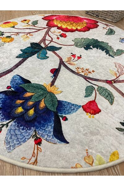 Brillant Çiçek Desenli Dekoratif Deri Taban Yuvarlak Halı - Gri