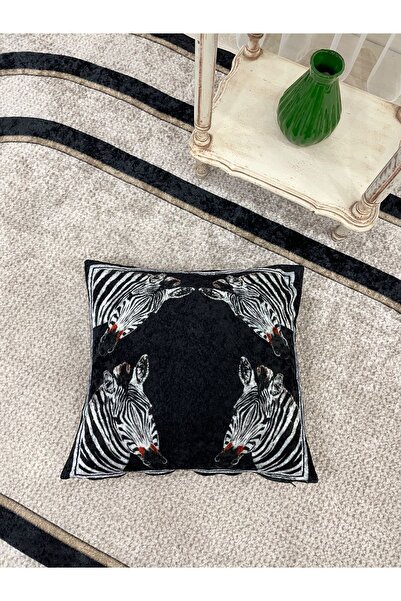 Brillant Kadife At Horse Desenli Kırlent Yastık Kılıfı (SİYAH) 45x45