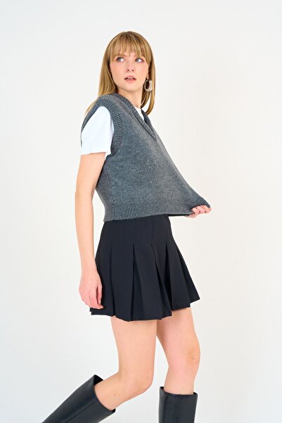 LOOSH Kadın Antrasit V Yaka Fitilli Kenarlı Kolsuz Süveter