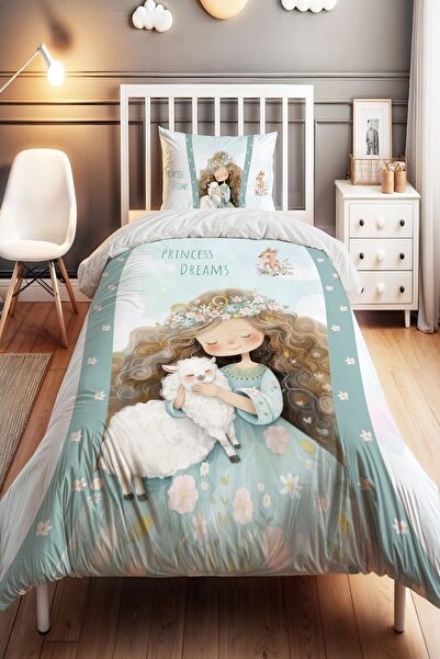 EVPANYA Kuzu'lu Prenses Desenli Tek Kişilik Bebek Çocuk Nevresim Seti