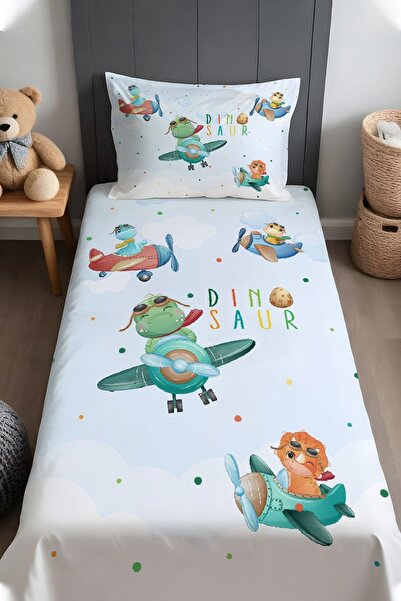 EVPANYA Dinazor Pilotlar Desenli Yatak Örtüsü ve Yastık Kılıfı