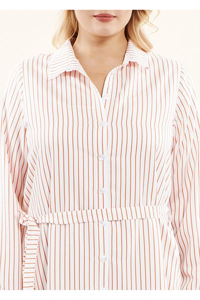 EVEN plus size Viscose Plus Size White Orange Striped Shirt Dress