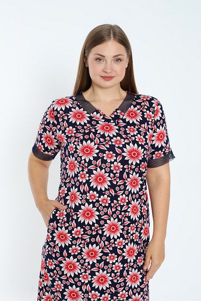 İntensive Βαμβακερό φόρεμα Plus Size - Κοντό μανίκι με στάμπα και λεπτομέρεια από τούλι