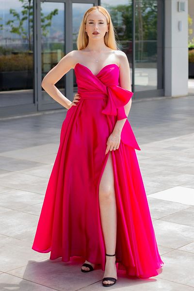 SpringStore Rochie de seara fara bretele din satin cu fundita - Fujya