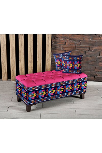 Armi Puf Nakış Çiçekler Desenli Sandıklı Puf +2 Kırlent