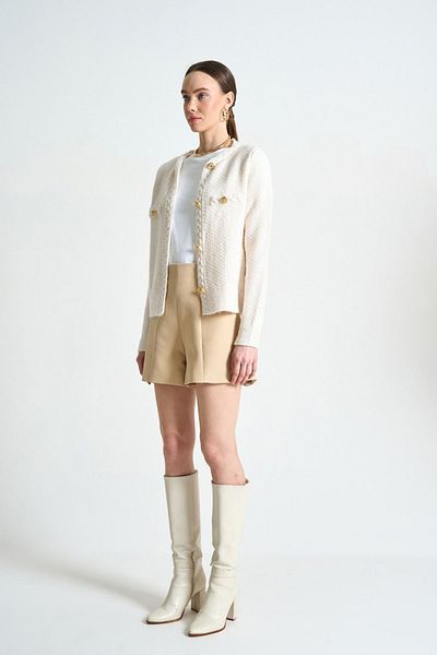 LOOSH Women's Ecru Crew Neck Cardigan with Gold Button Detail