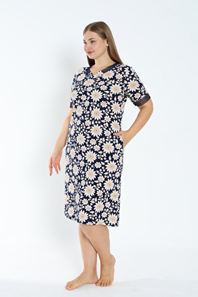 İntensive Plus Size Patterned Cotton Dress - Tulle Detailed, Pocket, Short Sleeve