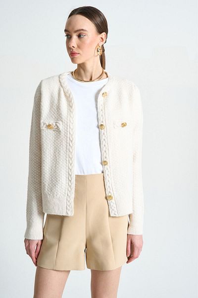 LOOSH Women's Ecru Crew Neck Cardigan with Gold Button Detail