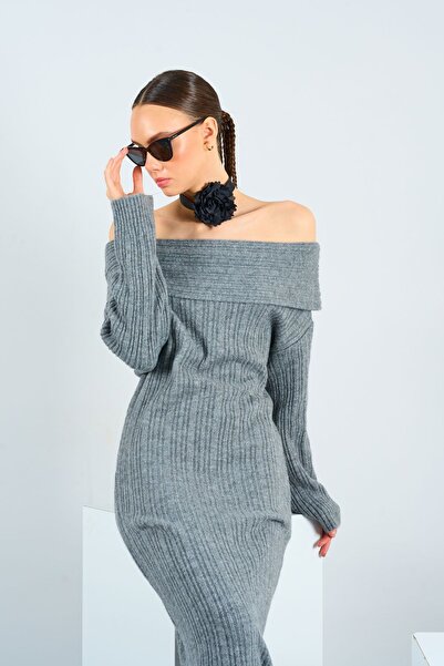 LOOSH Kadın Gri Omuz Açık Uzun Elbise