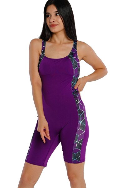 Argisa Μαγιό με ριγέ σχέδιο με μακρύ σορτς 6529 Μωβ