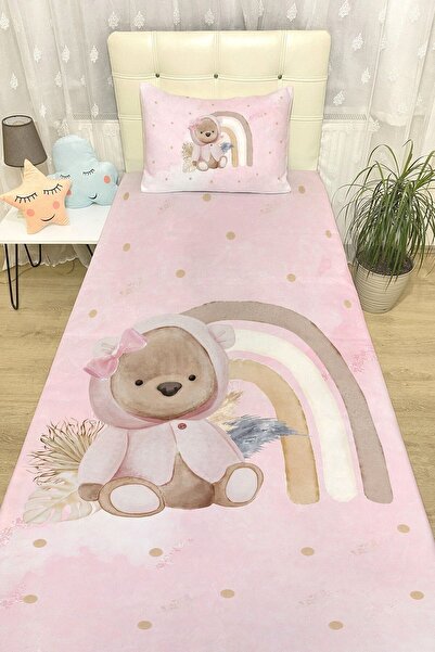 EVPANYA Pembe Ayıcık Yatak Örtüsü ve Yastık Kılıfı