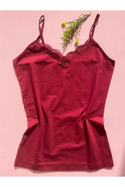 LEYNA BUTİK 6 Pieces Women's Lace String Strap Cotton Undershirt (burgundy-salmon-ecru-pink-plum-grey)