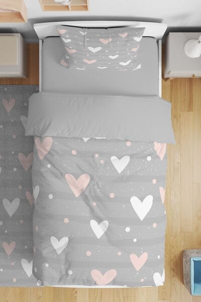 EVPANYA طقم سرير أطفال فردي منقوش عليه قلوب باللون الرمادي