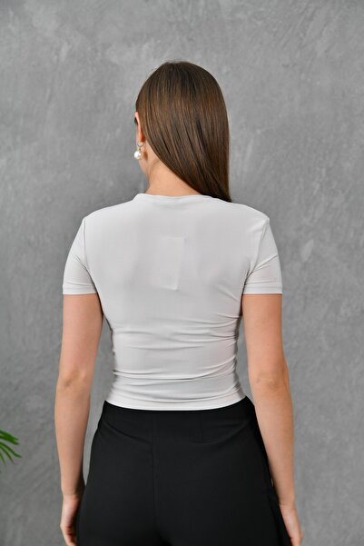 bayansepeti Μπεζ Stretch Fabric Gather Λεπτομέρεια Κοντό μανίκι Basic Μπλούζα 12244