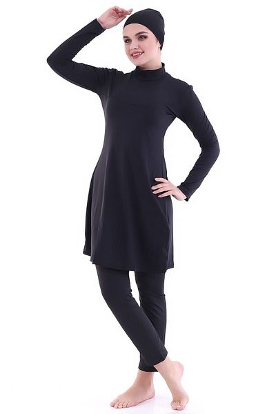Argisa Plain Black Long Sleeve Flexible Separate Bustier 4-Piece Set Full Hijab Swimsuit 7598 Black