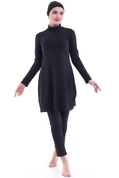 Argisa Plain Black Long Sleeve Flexible Separate Bustier 4-Piece Set Full Hijab Swimsuit 7598 Black