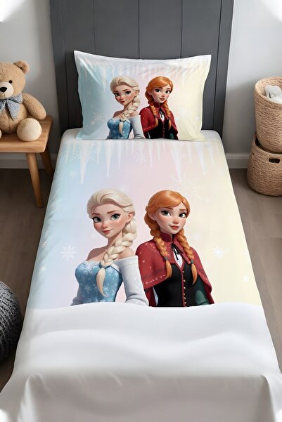EVPANYA Renk Geçişli Elsa ve Anna Desenli Yatak Örtüsü ve Yastık Kılıfı