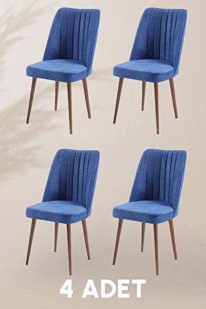 MYMASSA Polo Sandalye - Jerika Mavi - Ahşap Ceviz Ayak (4 ADET) - Salon Sanda...