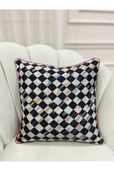 Brillant Damalı Keten Görünümlü Kenar Biyeli Kırlent Kılıfı (45x45)